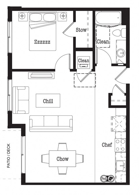 Floor plan for 1 bed, 1 bath, 715 sqft